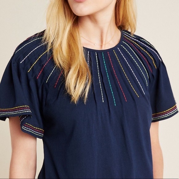 Maeve Anthropologie Chamonix Rainbow Embroidered Swing Top Size Extra Small Blue - Picture 15 of 16